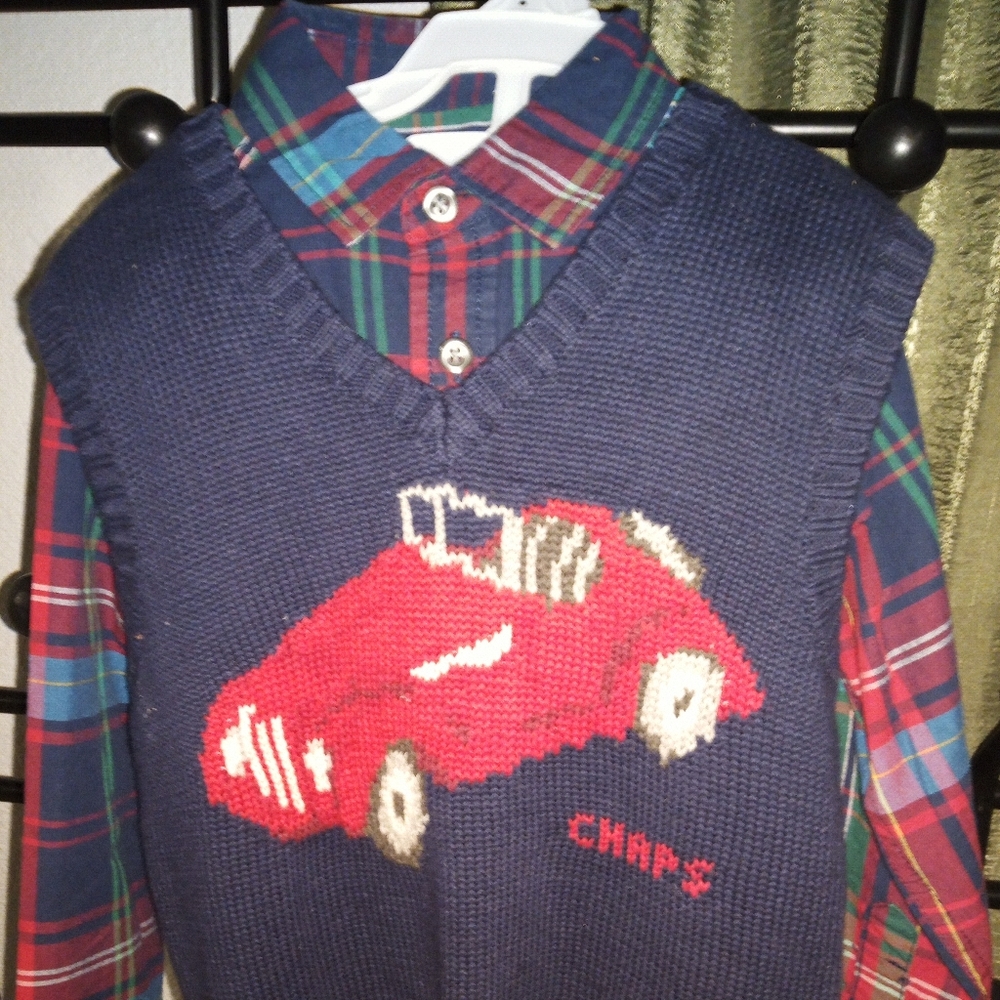 Vintage car Sweater vest, plaid button up boys set